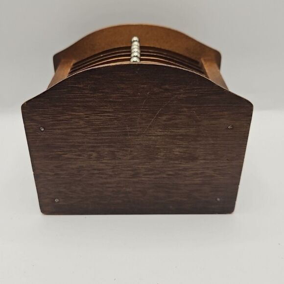 Vintage Mid-Century Modern Wooden Coaster Set of 8 with Holder Bronze Handle - Picture 4 of 16